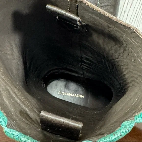 BCBG MAX AZRIA distressed Black leather blue raffia embroidery tall Boots 7 GUC